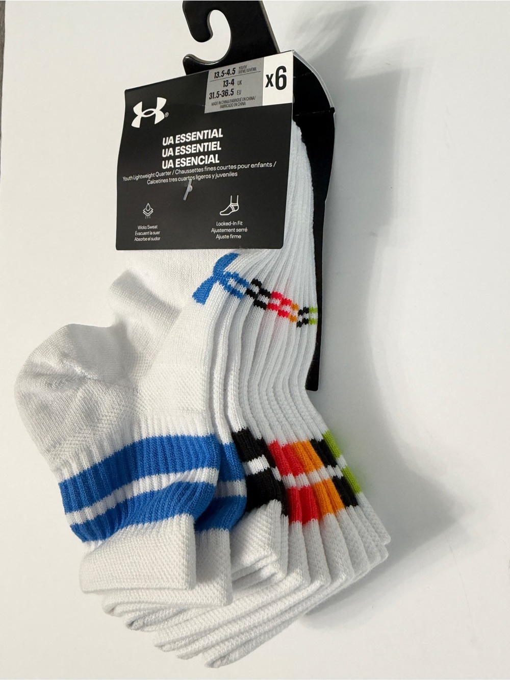 Under Armour 6-Pack Youth Boys’ Lightweight Quarter Socks Multicolor NWT